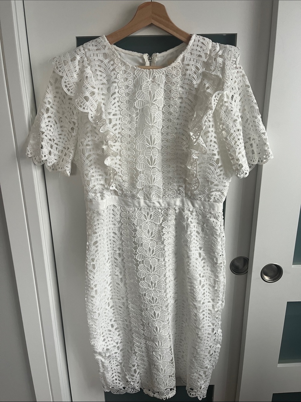 Just Me White Lace Mini Dress with Ruffle Sleeves
